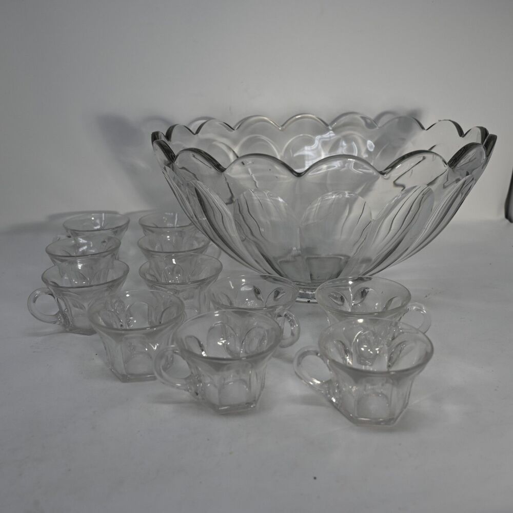 Vintage Heisey Clear Glass Punch Bowl Set 11 Cups Scalloped Bowl USA
